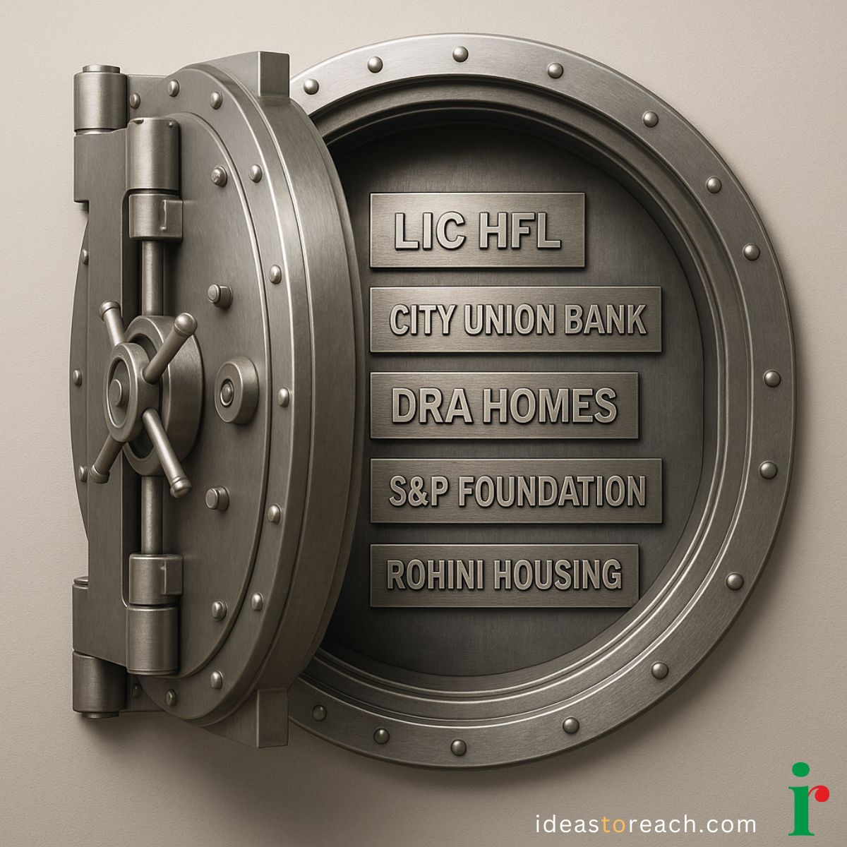 Vault door revealing trusted client names like LIC HFL, City Union Bank, and DRA Homes — a testament to IdeasToReach’s SEO results and client trust.